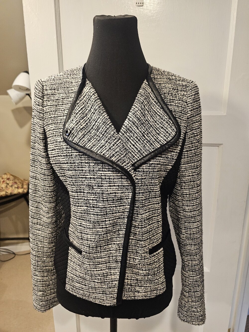 Calvin Klein Black & White Tweed Style Asymmetrical Zip Blazer Jacket